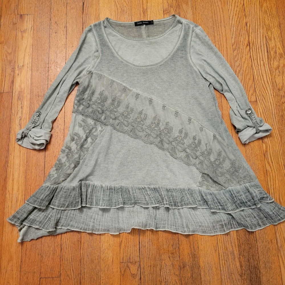 Casual Express S Tunic Top Green Lace Ruffle Mineral Wash Boho Lagenlook Earthy